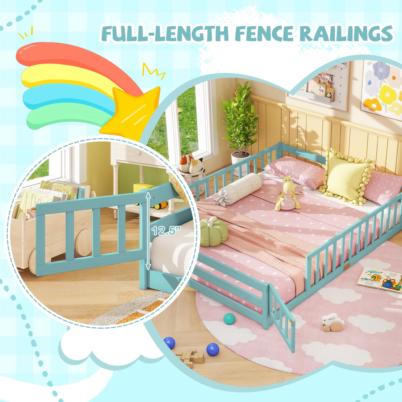 Queen Size Floor Bed Kids Montessori Bed Frame with Full Length Safety Guardrails, Dark Green Simple Bed Frame at Gallery Canada