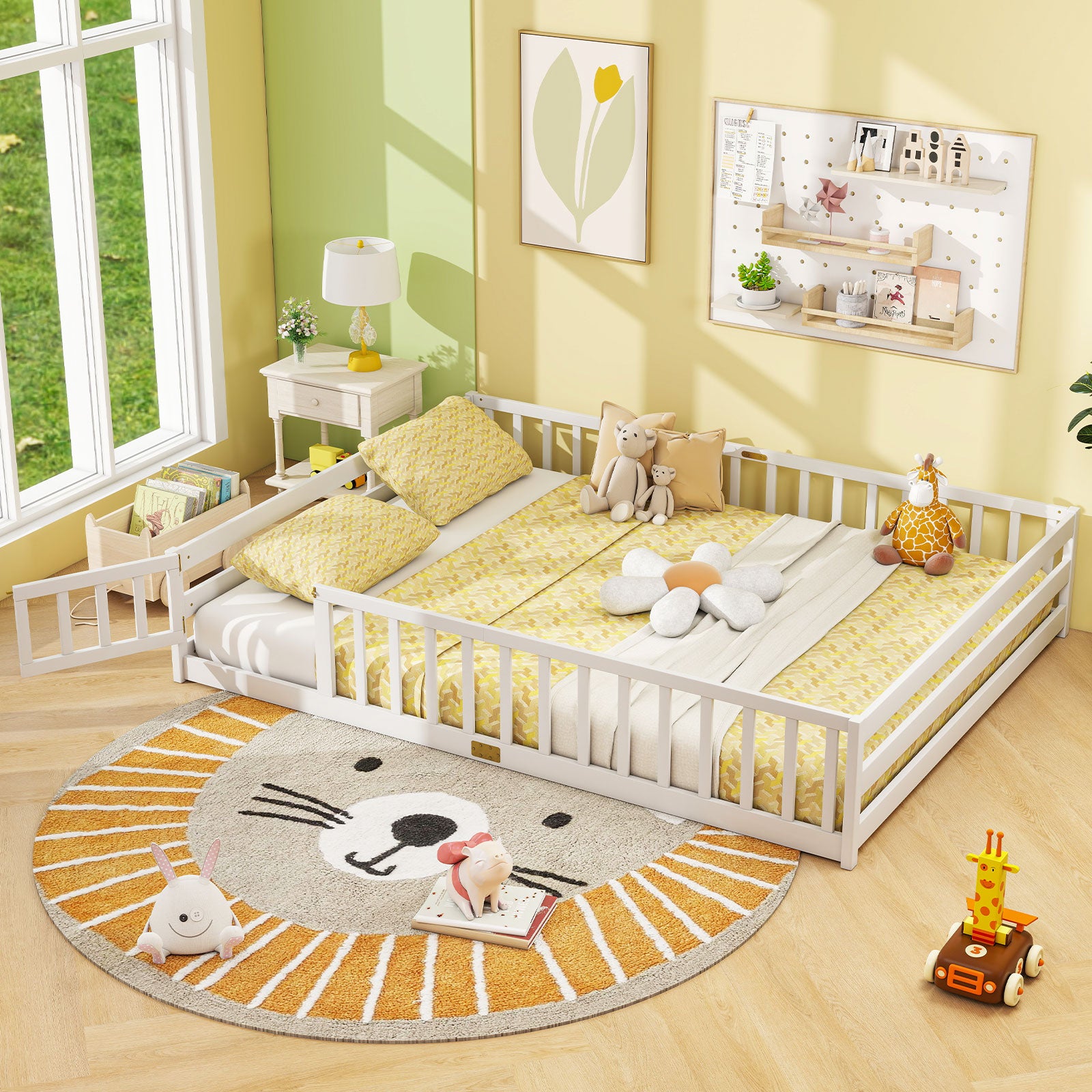Queen Size Floor Bed Kids Montessori Bed Frame with Full Length Safety Guardrails, White Simple Bed Frame at Gallery Canada