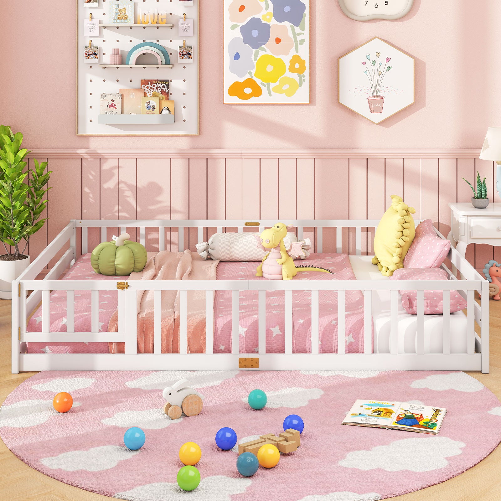 Queen Size Floor Bed Kids Montessori Bed Frame with Full Length Safety Guardrails, White Simple Bed Frame at Gallery Canada