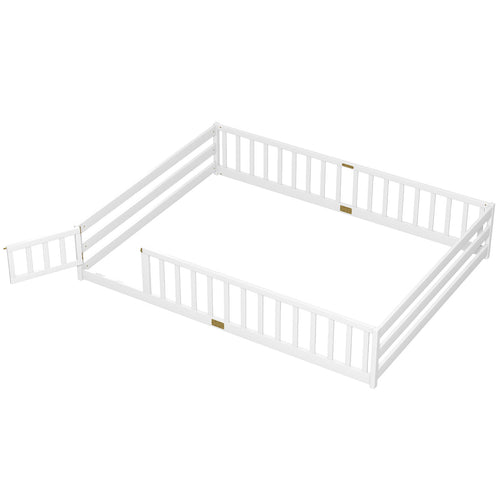 Queen Size Floor Bed, Montessori Bed Frame, Full Safety Guardrails, White