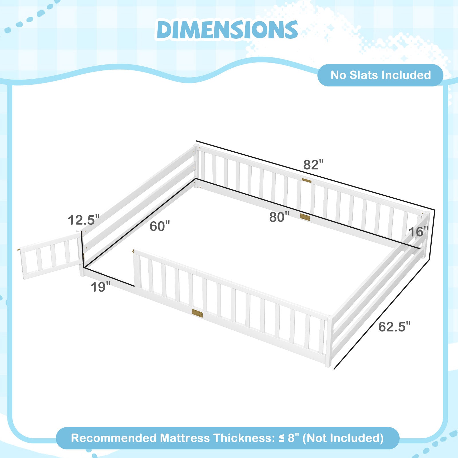 Queen Size Floor Bed Kids Montessori Bed Frame with Full Length Safety Guardrails, White Simple Bed Frame at Gallery Canada