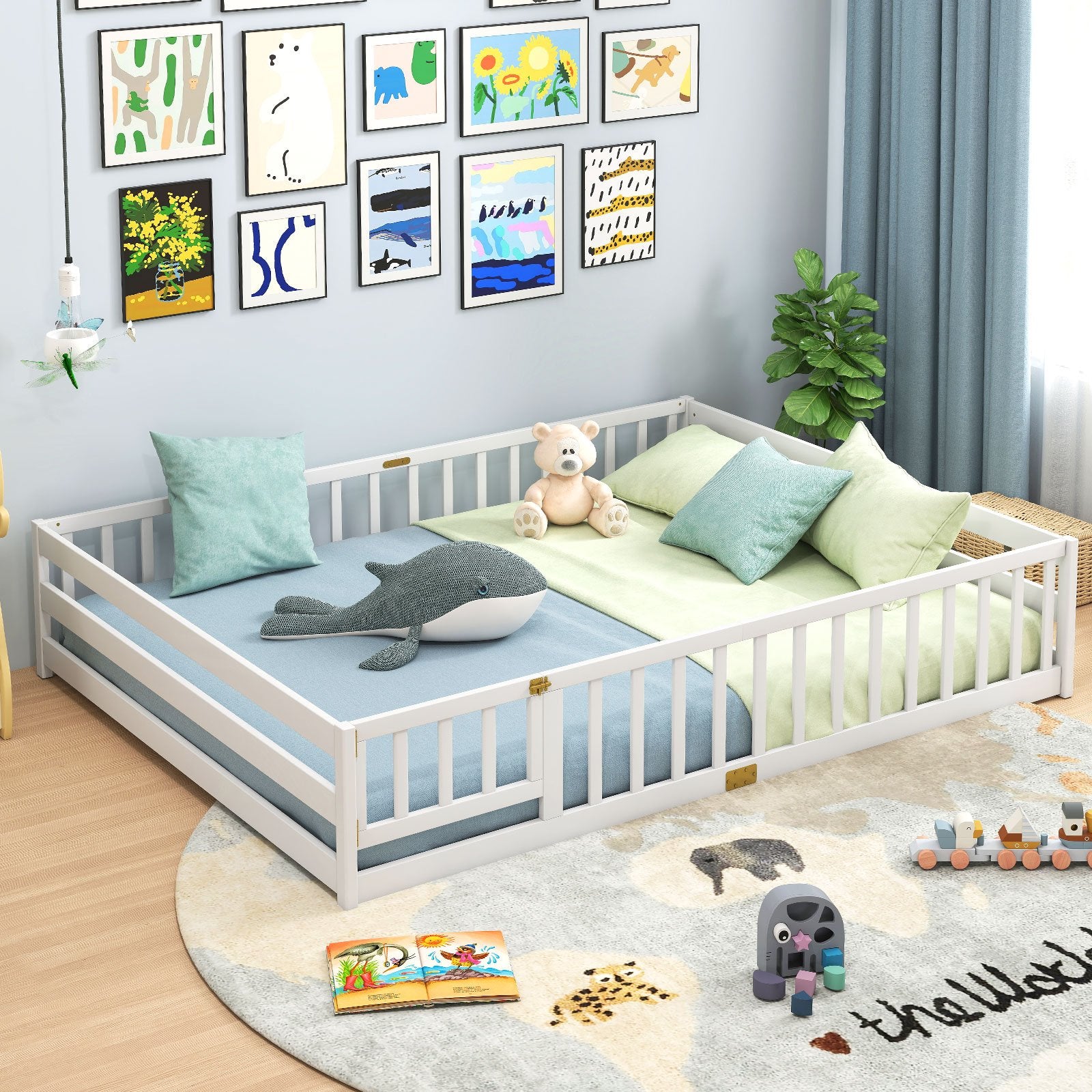 Queen Size Floor Bed Kids Montessori Bed Frame with Full Length Safety Guardrails, White Simple Bed Frame at Gallery Canada