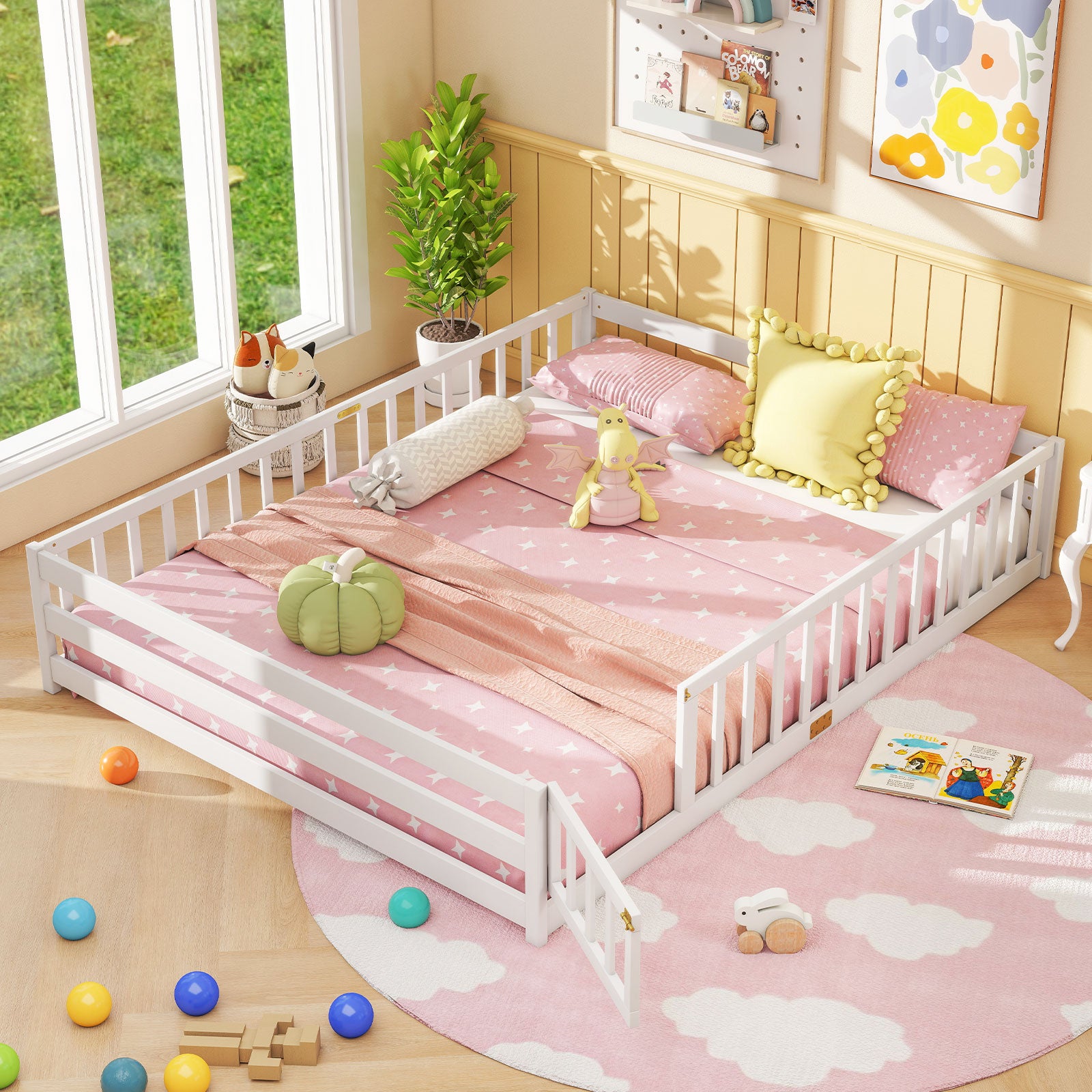 Queen Size Floor Bed Kids Montessori Bed Frame with Full Length Safety Guardrails, White Simple Bed Frame at Gallery Canada