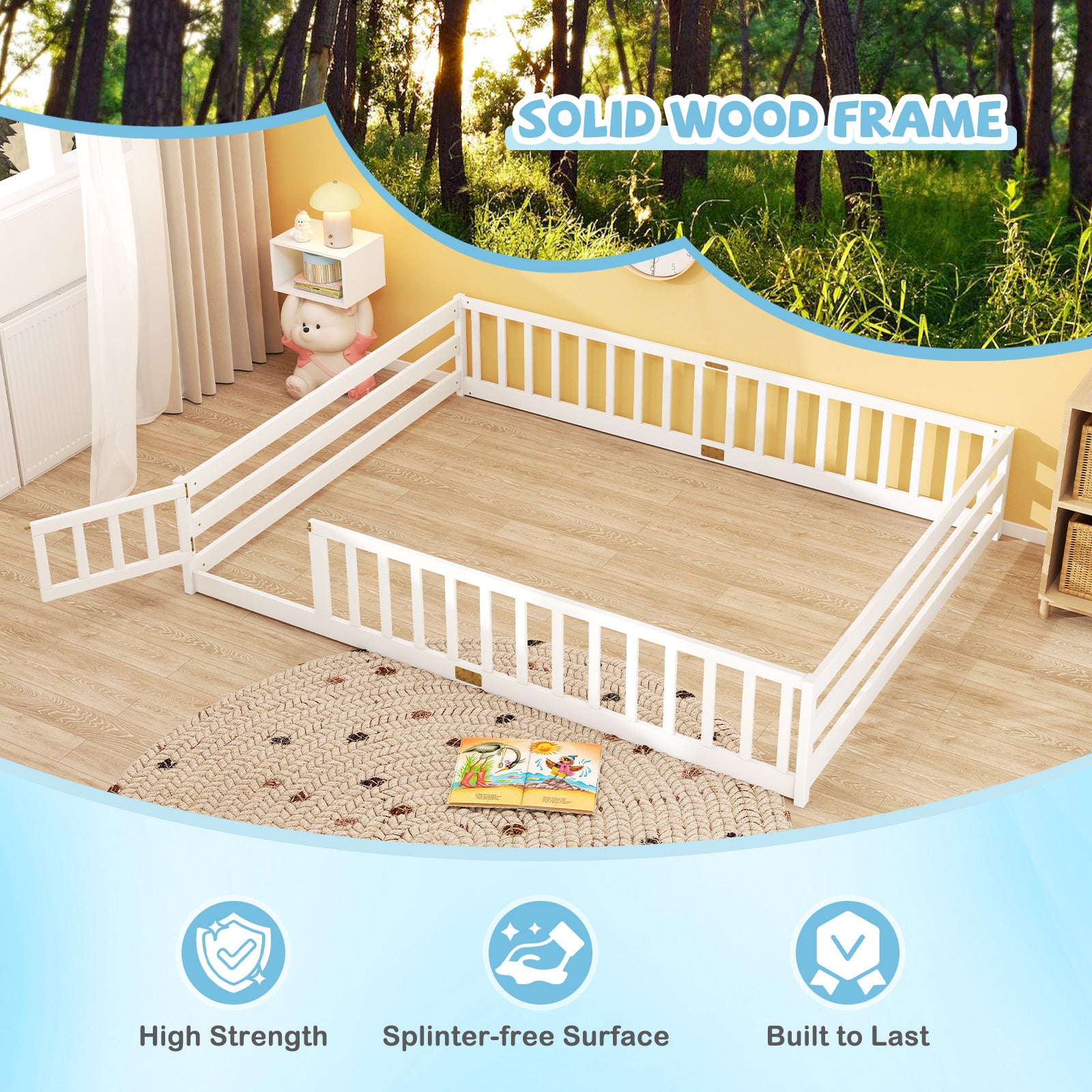 Queen Size Floor Bed Kids Montessori Bed Frame with Full Length Safety Guardrails, White Simple Bed Frame at Gallery Canada