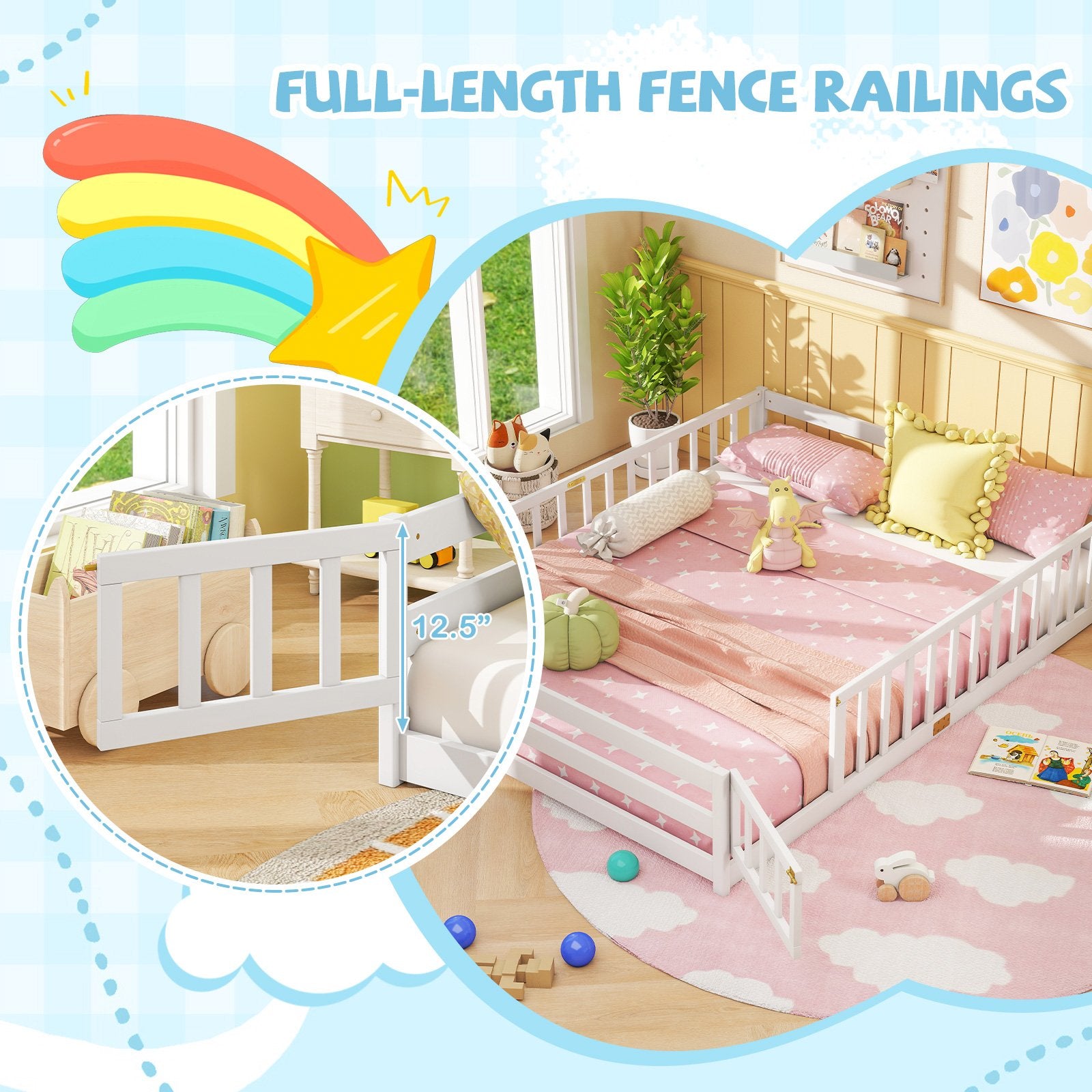 Queen Size Floor Bed Kids Montessori Bed Frame with Full Length Safety Guardrails, White Simple Bed Frame at Gallery Canada