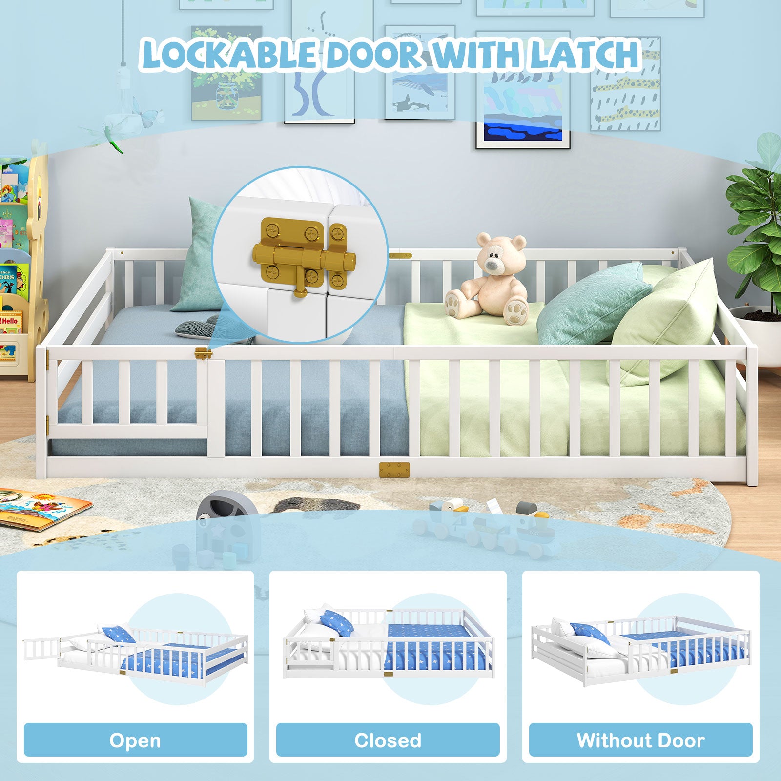 Queen Size Floor Bed Kids Montessori Bed Frame with Full Length Safety Guardrails, White Simple Bed Frame at Gallery Canada