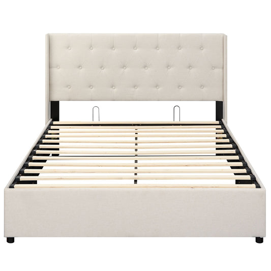Queen Size Lift-up Storage Bed Modern Linen Upholstered Platform Bed, Beige Simple Bed Frame Beige at Gallery Canada