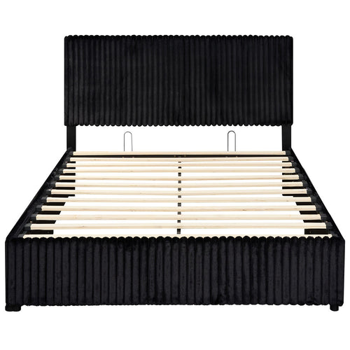 Queen Size Lift-up Storage Bed with Wooden Slat Support, Black