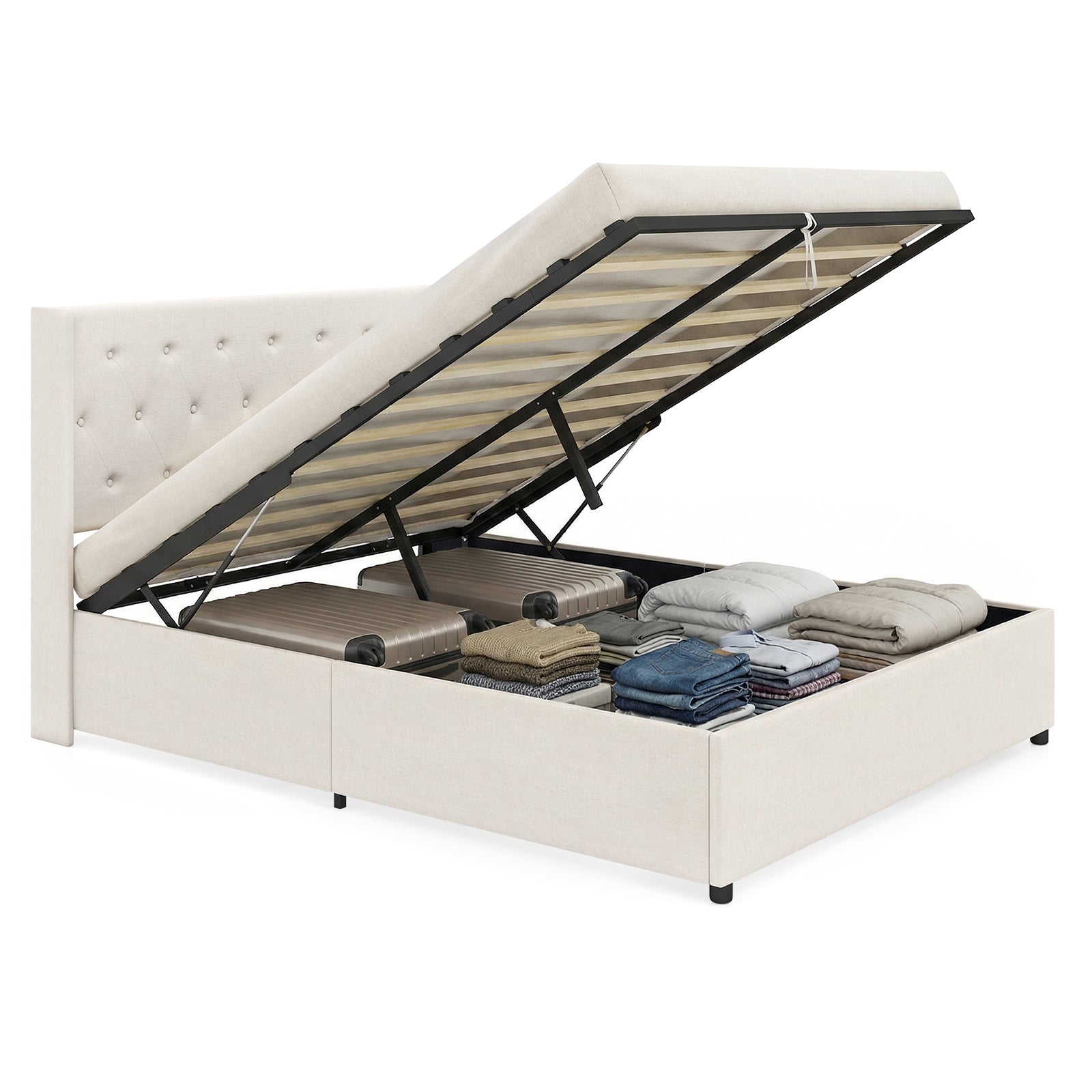 Queen Size Lift-up Storage Bed Modern Linen Upholstered Platform Bed, Beige Simple Bed Frame at Gallery Canada