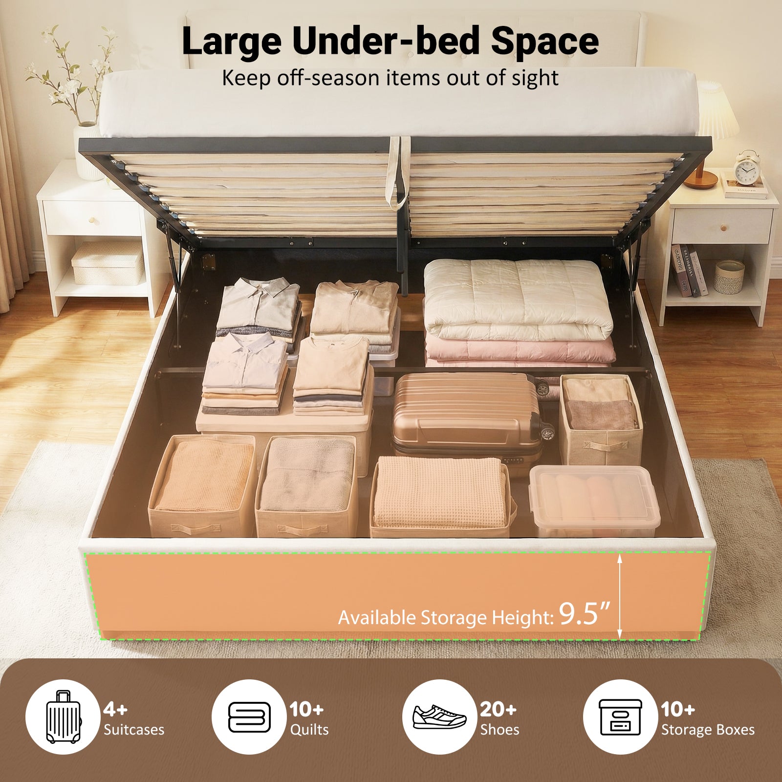 Queen Size Lift-up Storage Bed Modern Linen Upholstered Platform Bed, Beige Simple Bed Frame at Gallery Canada