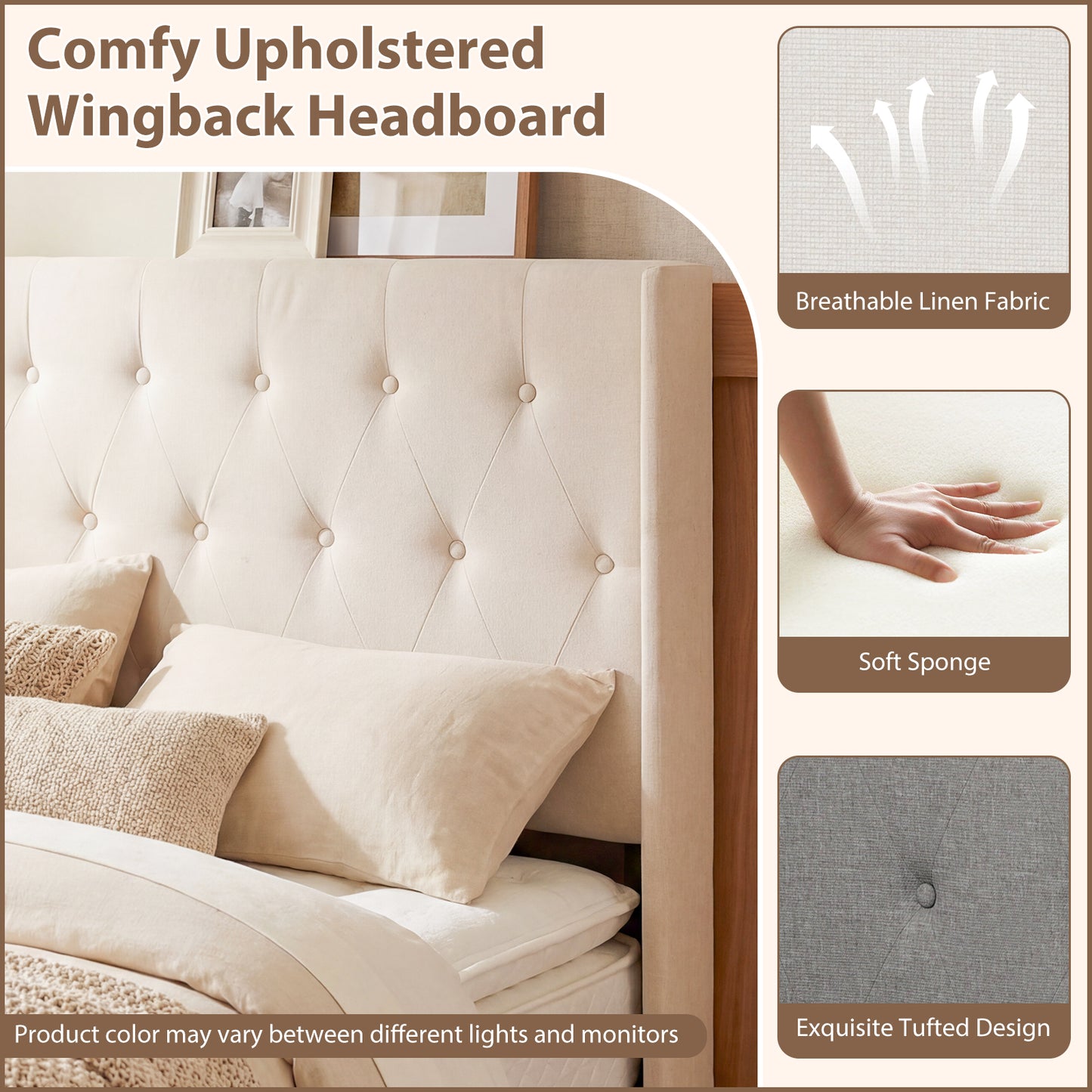 Queen Size Lift-up Storage Bed Modern Linen Upholstered Platform Bed, Beige Simple Bed Frame at Gallery Canada