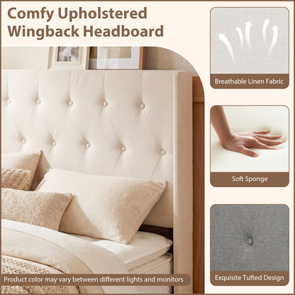 Queen Size Lift-up Storage Bed Modern Linen Upholstered Platform Bed, Beige Simple Bed Frame at Gallery Canada
