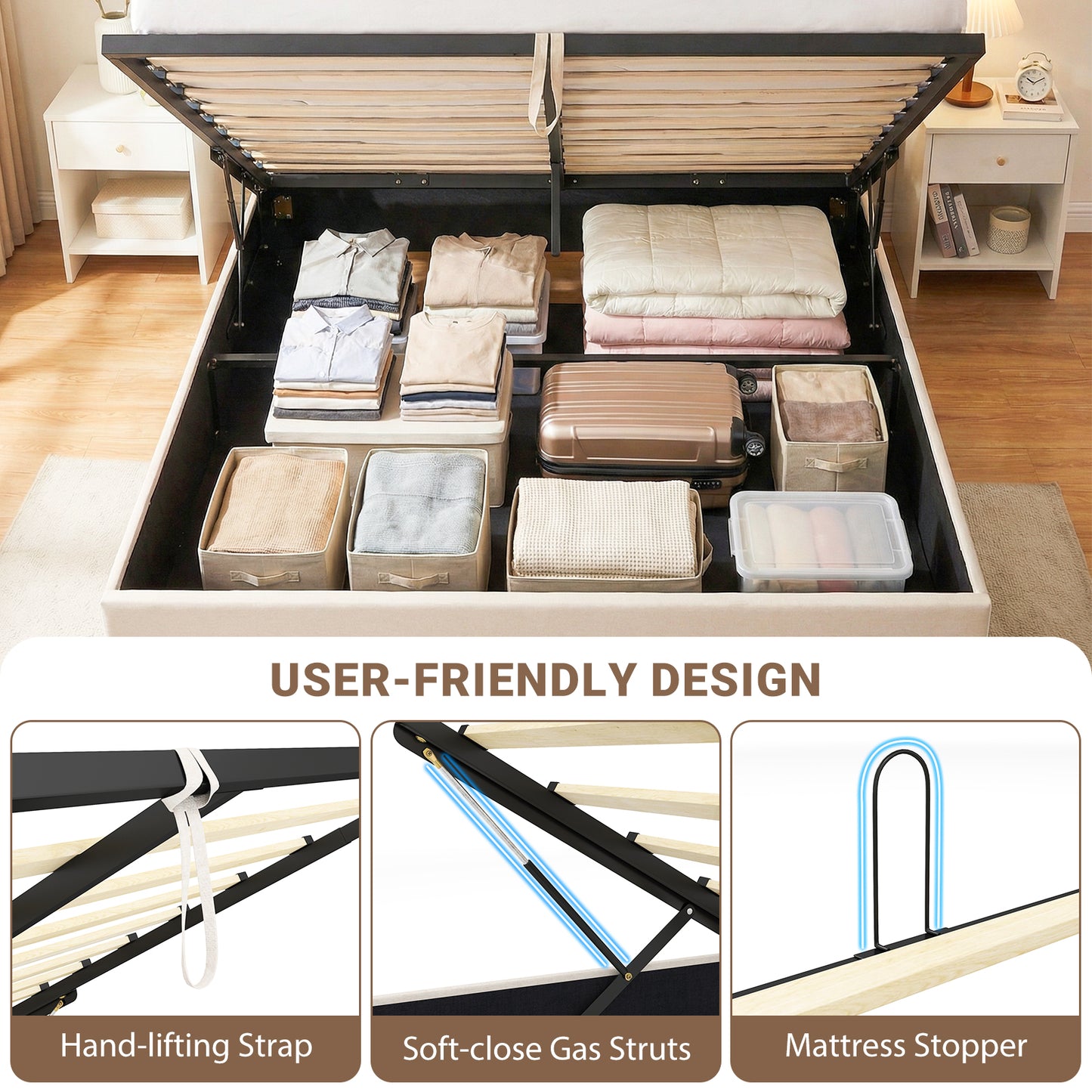 Queen Size Lift-up Storage Bed Modern Linen Upholstered Platform Bed, Beige Simple Bed Frame at Gallery Canada