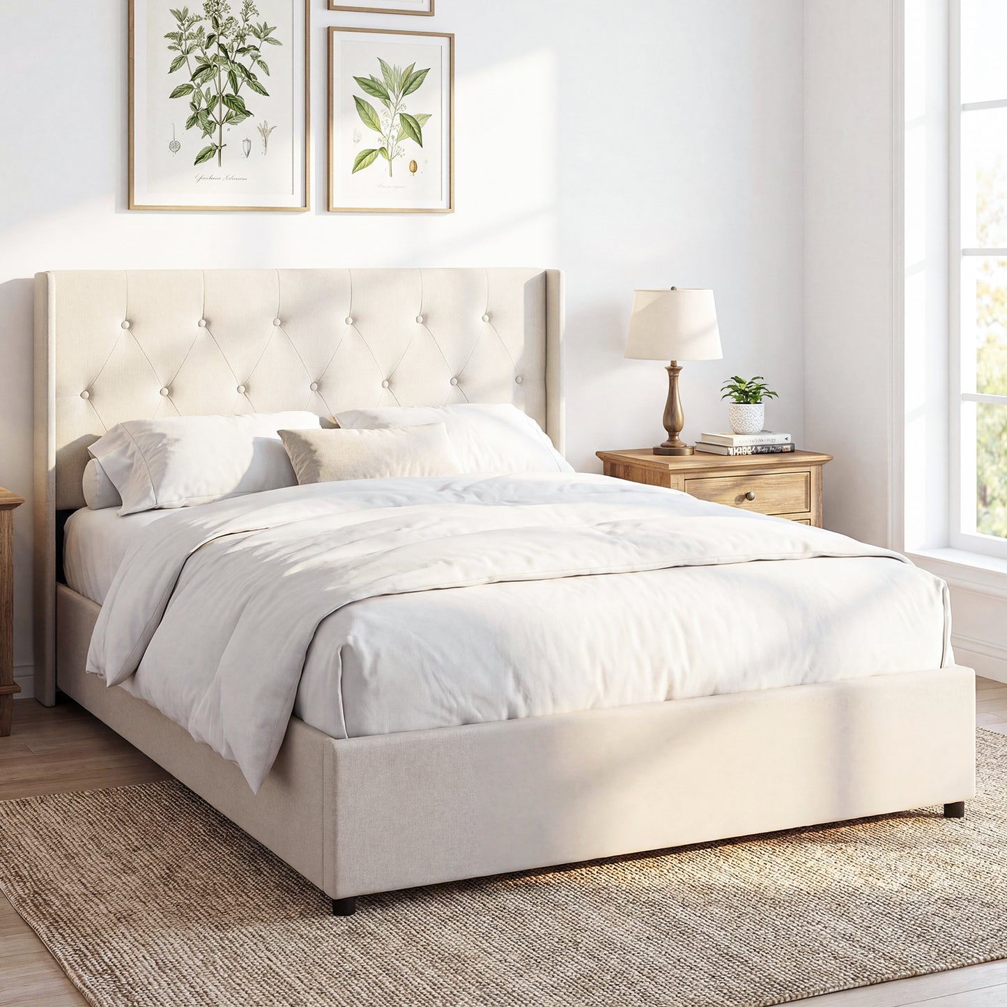 Queen Size Lift-up Storage Bed Modern Linen Upholstered Platform Bed, Beige Simple Bed Frame at Gallery Canada