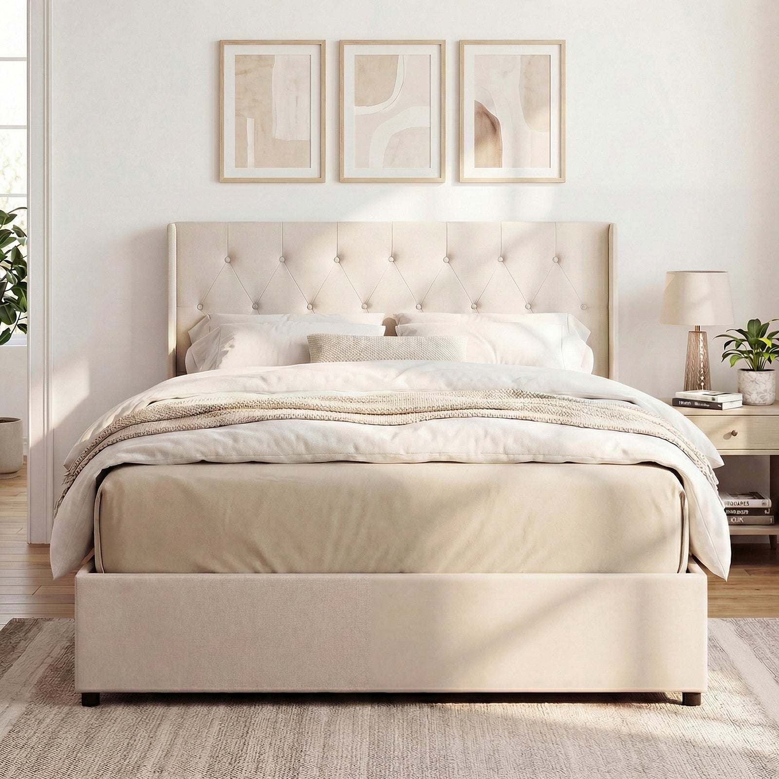 Queen Size Lift-up Storage Bed Modern Linen Upholstered Platform Bed, Beige Simple Bed Frame at Gallery Canada