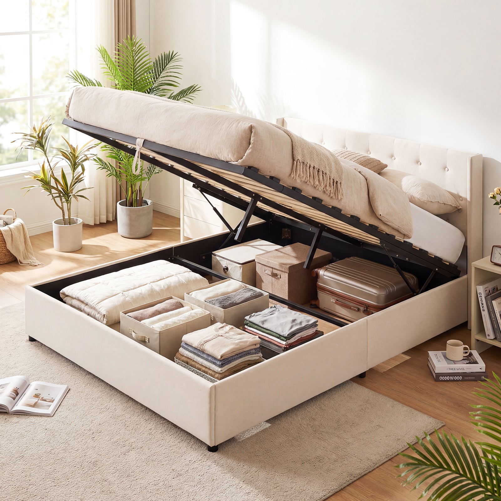 Queen Size Lift-up Storage Bed Modern Linen Upholstered Platform Bed, Beige Simple Bed Frame at Gallery Canada