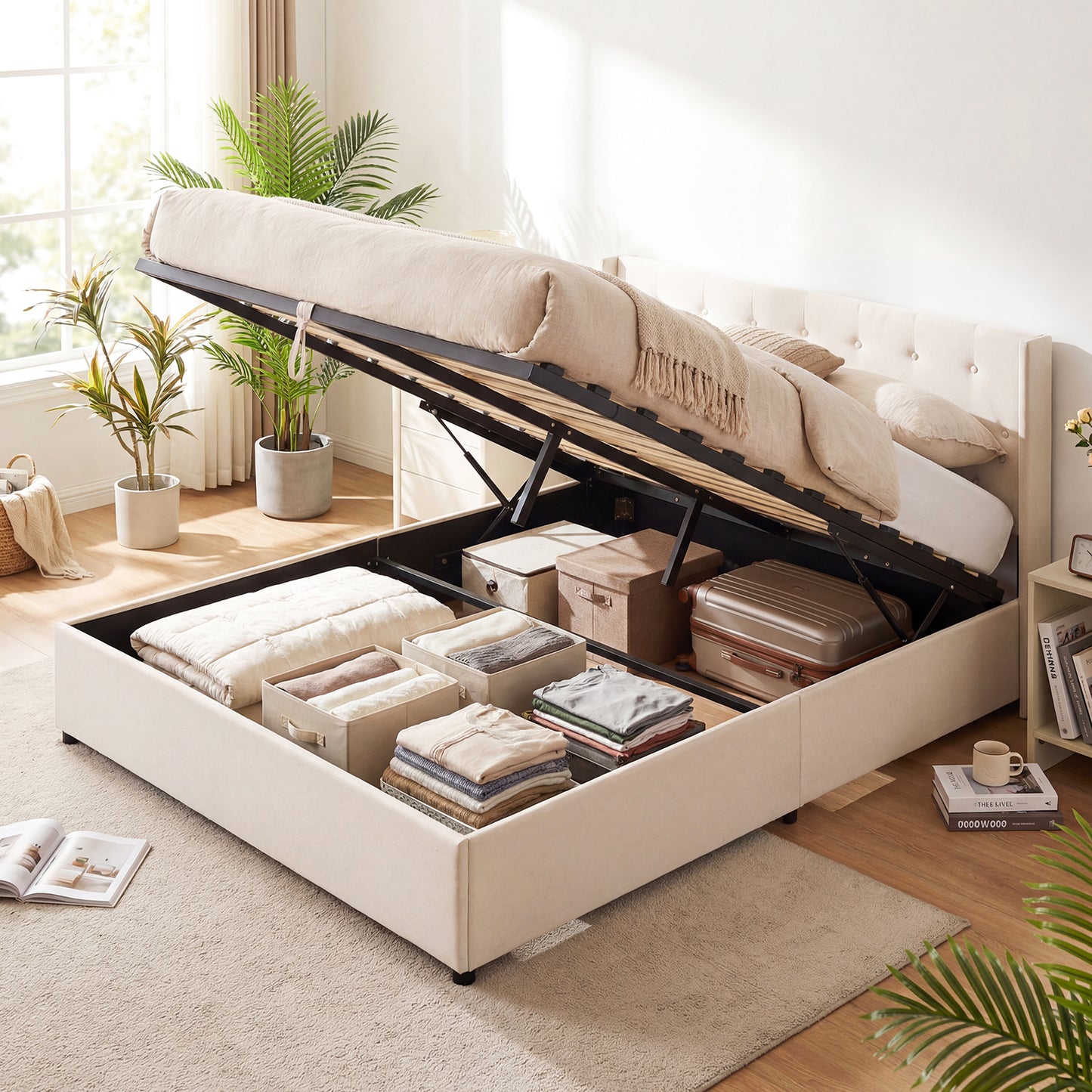 Queen Size Lift-up Storage Bed Modern Linen Upholstered Platform Bed, Beige Simple Bed Frame at Gallery Canada