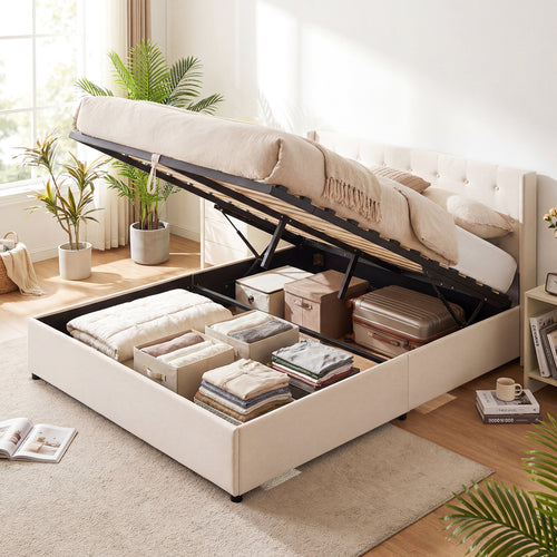Queen Size Lift-up Storage Bed Modern Linen Upholstered Platform Bed, Beige