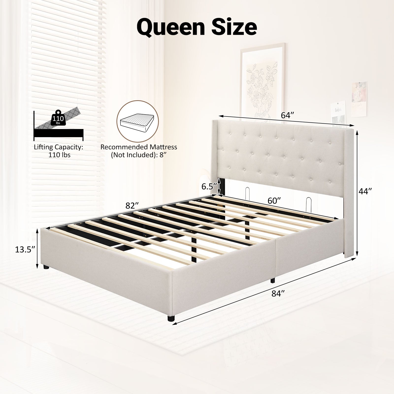 Queen Size Lift-up Storage Bed Modern Linen Upholstered Platform Bed, Beige Simple Bed Frame at Gallery Canada