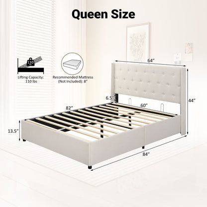 Queen Size Lift-up Storage Bed Modern Linen Upholstered Platform Bed, Beige Simple Bed Frame at Gallery Canada