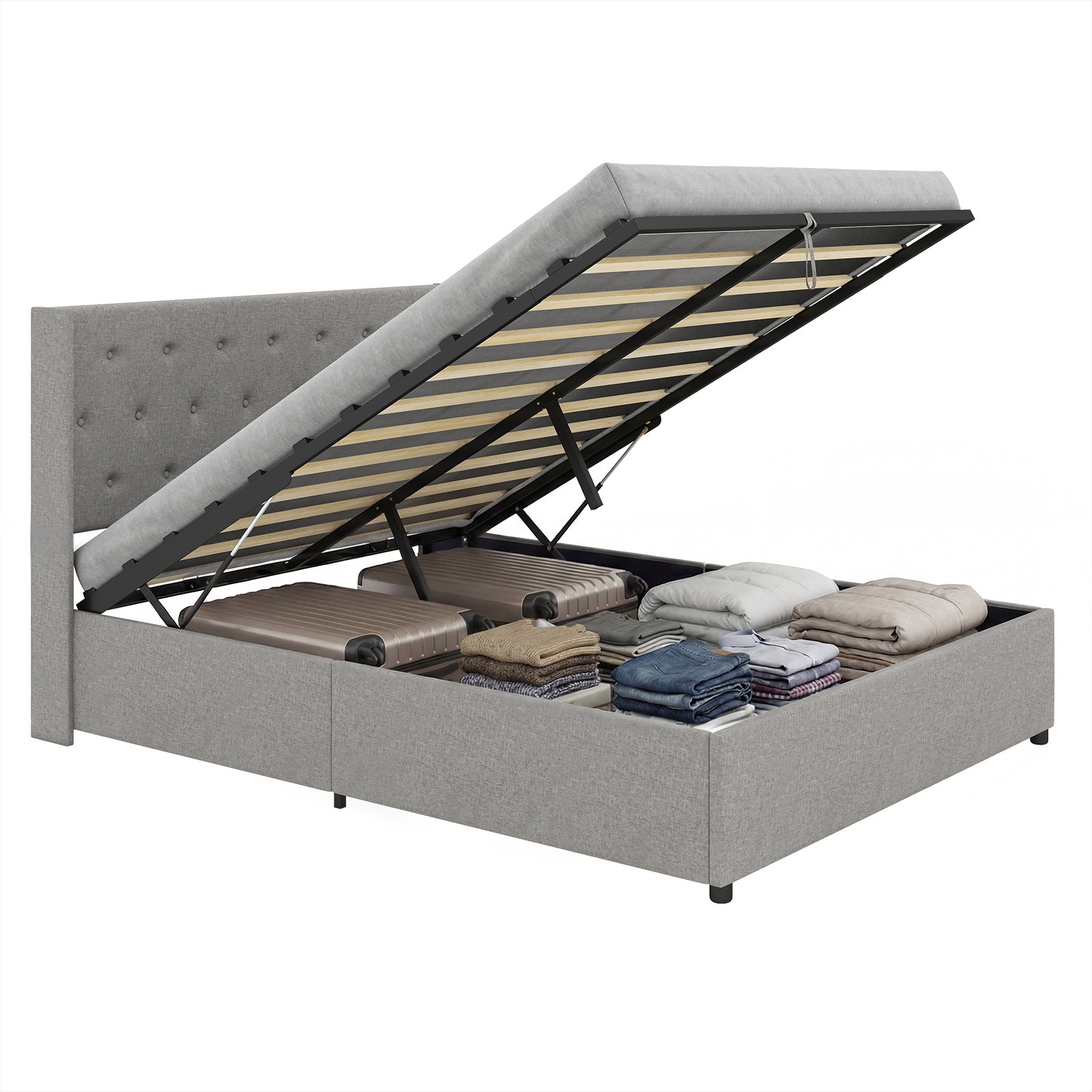 Queen Size Lift-up Storage Bed Modern Linen Upholstered Platform Bed, Gray Simple Bed Frame at Gallery Canada