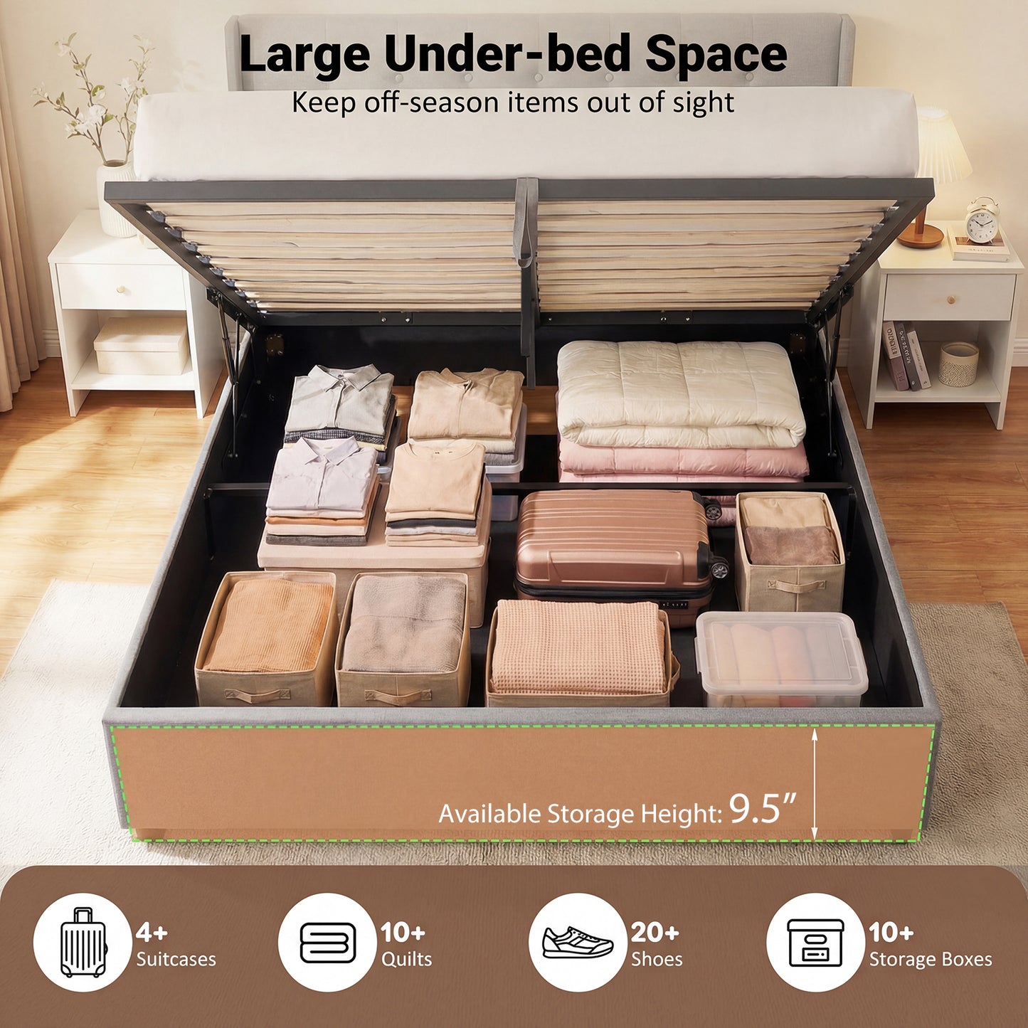 Queen Size Lift-up Storage Bed Modern Linen Upholstered Platform Bed, Gray Simple Bed Frame at Gallery Canada