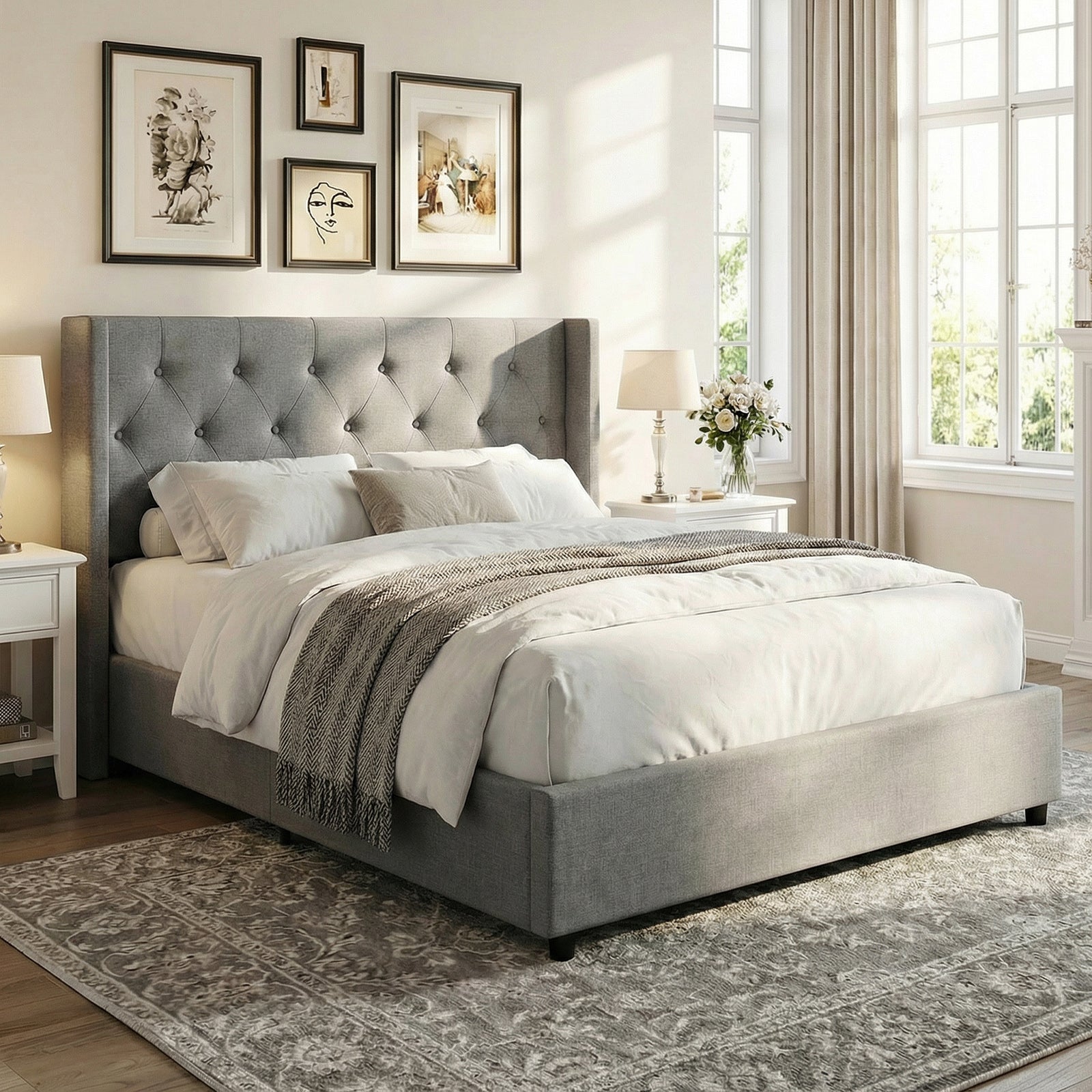 Queen Size Lift-up Storage Bed Modern Linen Upholstered Platform Bed, Gray Simple Bed Frame at Gallery Canada