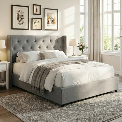 Queen Size Lift-up Storage Bed Modern Linen Upholstered Platform Bed, Gray Simple Bed Frame at Gallery Canada