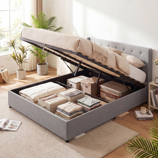 Queen Size Lift-up Storage Bed Modern Linen Upholstered Platform Bed, Gray Simple Bed Frame Gray at Gallery Canada