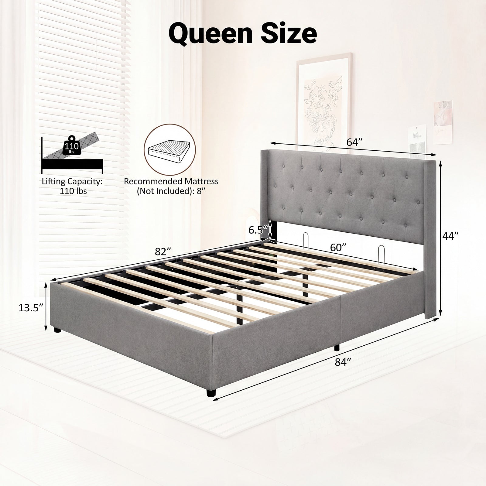 Queen Size Lift-up Storage Bed Modern Linen Upholstered Platform Bed, Gray Simple Bed Frame at Gallery Canada