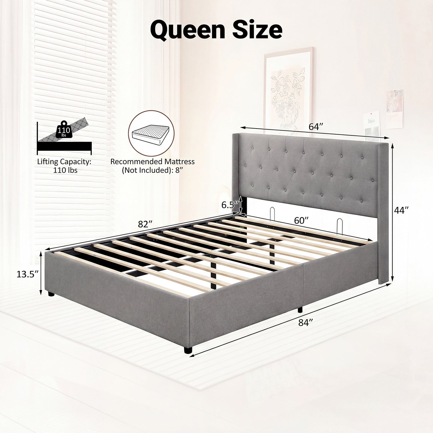 Queen Size Lift-up Storage Bed Modern Linen Upholstered Platform Bed, Gray Simple Bed Frame at Gallery Canada