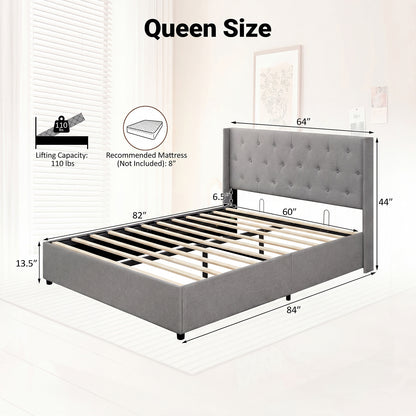 Queen Size Lift-up Storage Bed Modern Linen Upholstered Platform Bed, Gray Simple Bed Frame at Gallery Canada