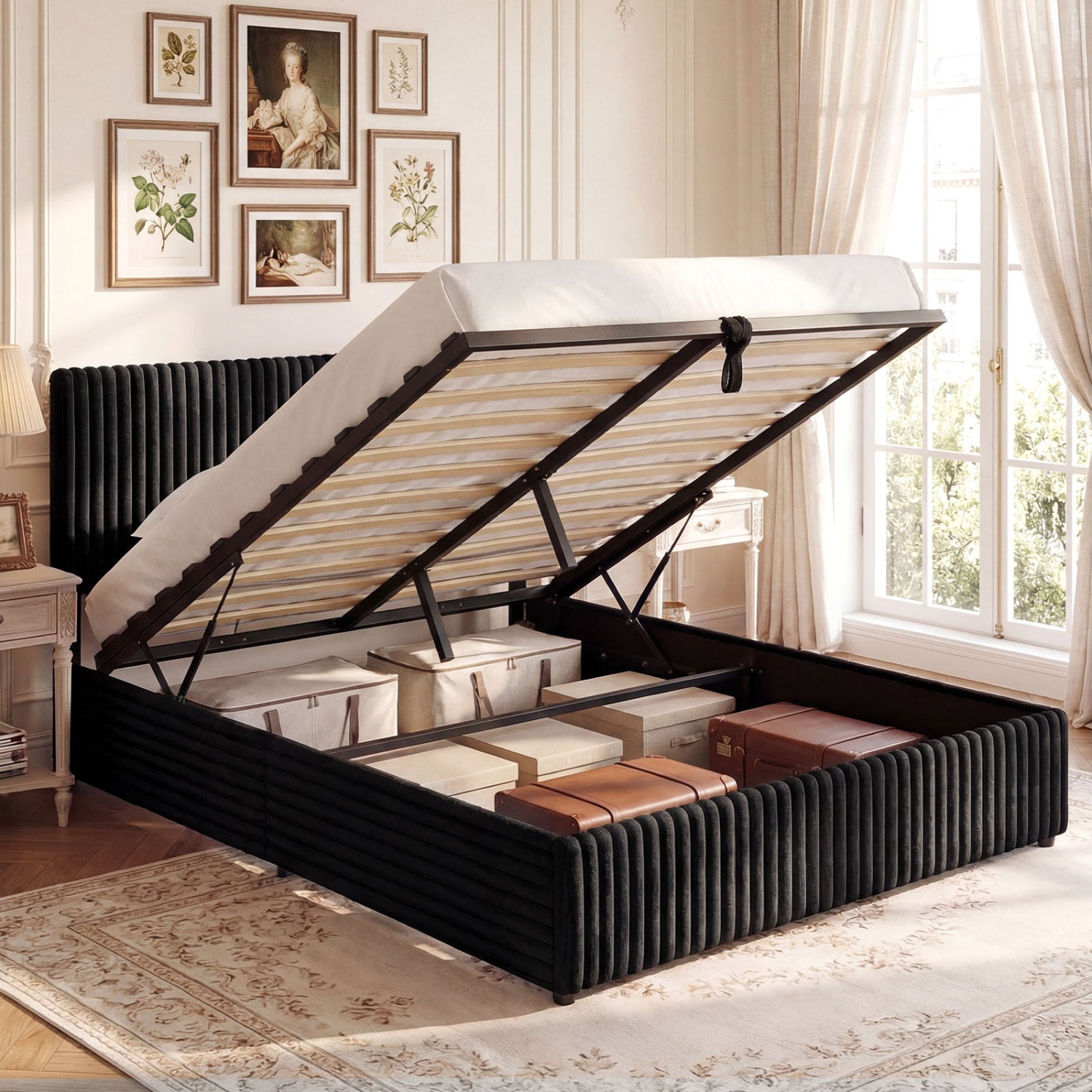 Queen Size Lift-up Storage Bed with Wooden Slat Support, Black Simple Bed Frame at Gallery Canada