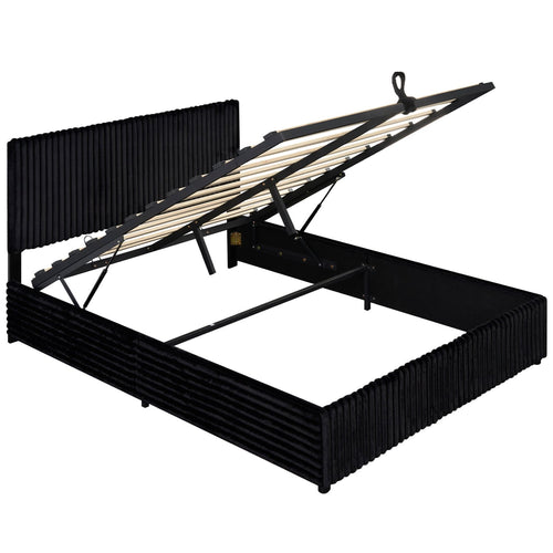 Queen Size Lift-up Storage Bed with Wooden Slat Support, Black