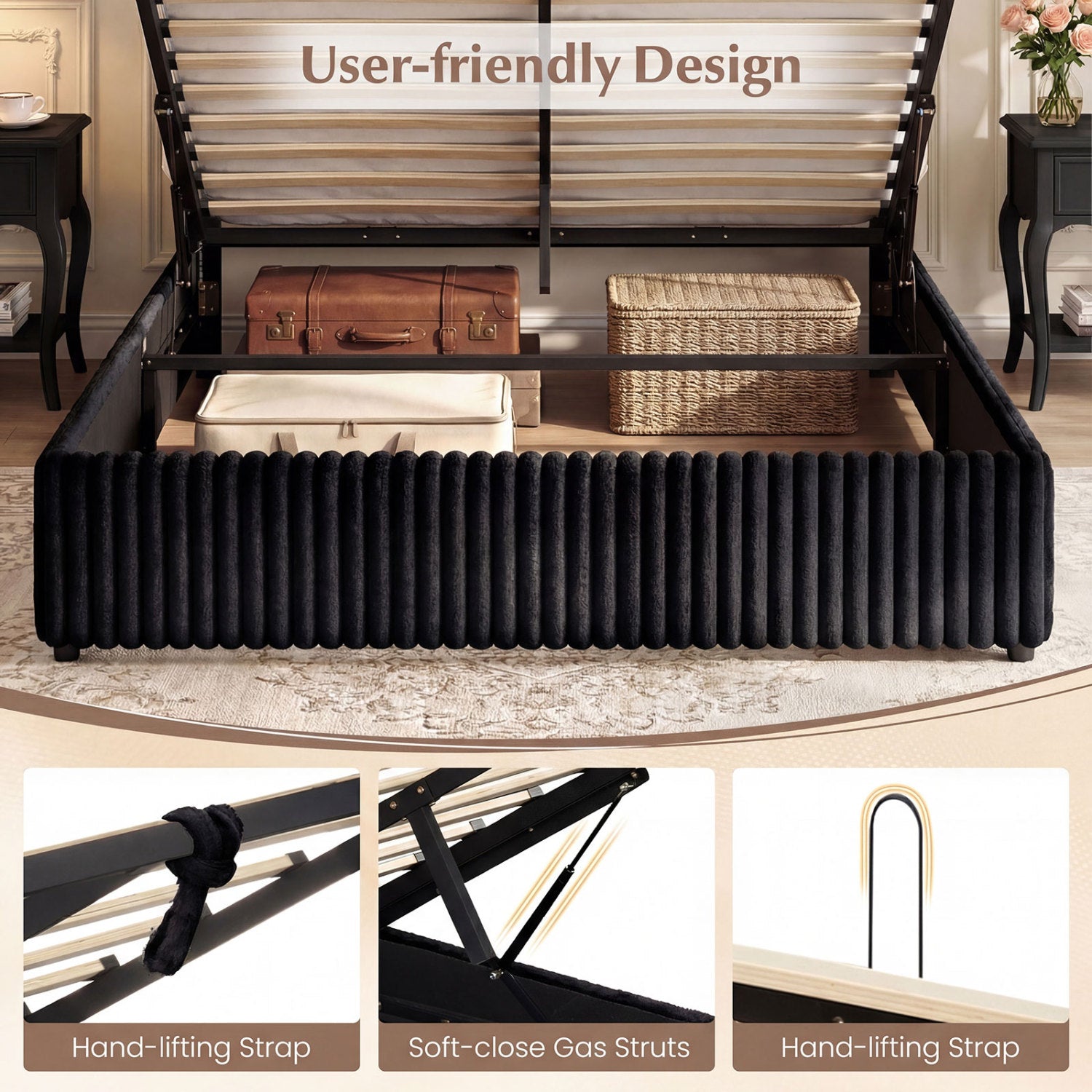 Queen Size Lift-up Storage Bed with Wooden Slat Support, Black Simple Bed Frame at Gallery Canada