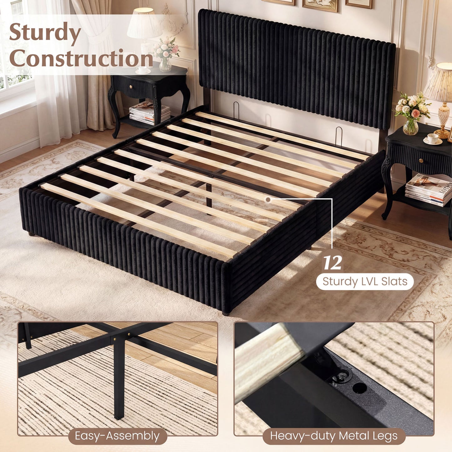 Queen Size Lift-up Storage Bed with Wooden Slat Support, Black Simple Bed Frame at Gallery Canada