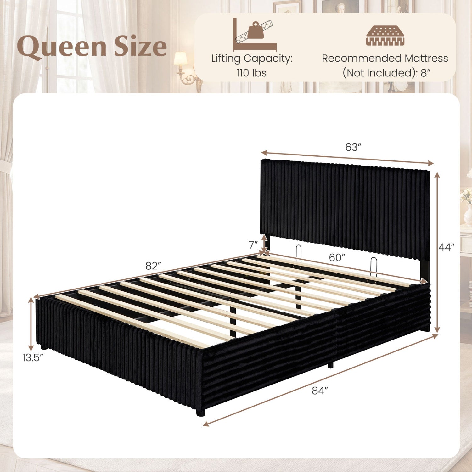 Queen Size Lift-up Storage Bed with Wooden Slat Support, Black Simple Bed Frame at Gallery Canada