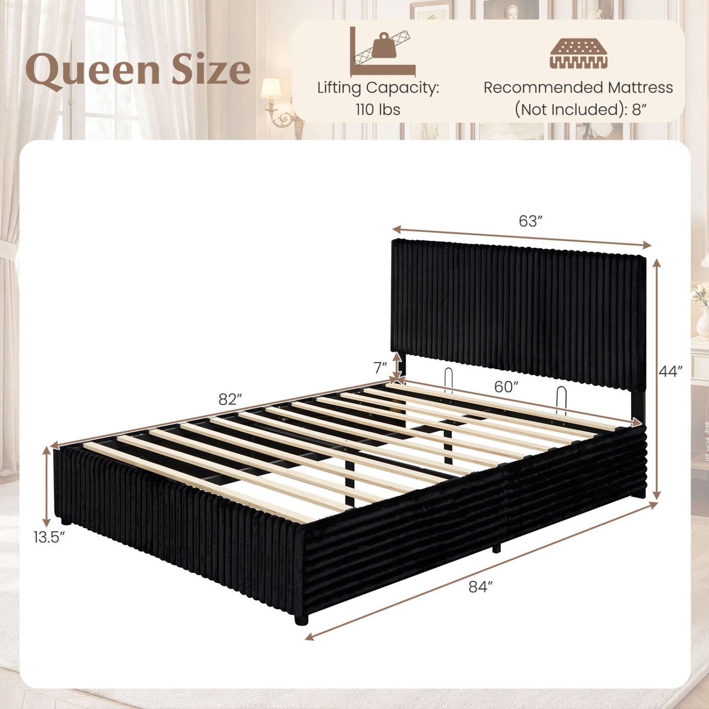Queen Size Lift-up Storage Bed with Wooden Slat Support, Black Simple Bed Frame at Gallery Canada