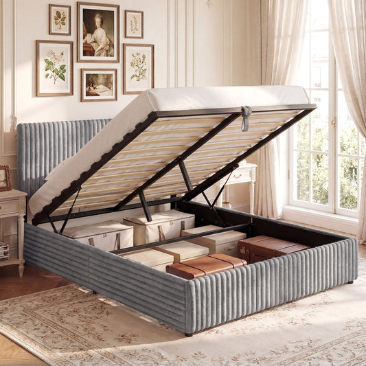 Queen Size Lift-up Storage Bed with Wooden Slat Support, Gray Simple Bed Frame Gray at Gallery Canada