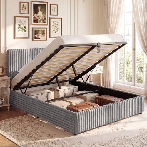 Queen Size Lift-up Storage Bed with Wooden Slat Support, Gray