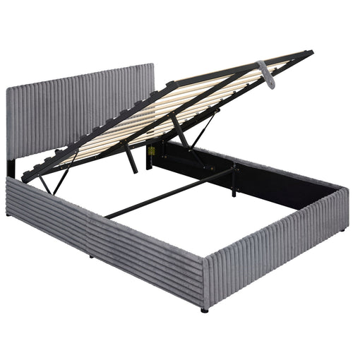 Queen Size Lift-up Storage Bed with Wooden Slat Support, Gray