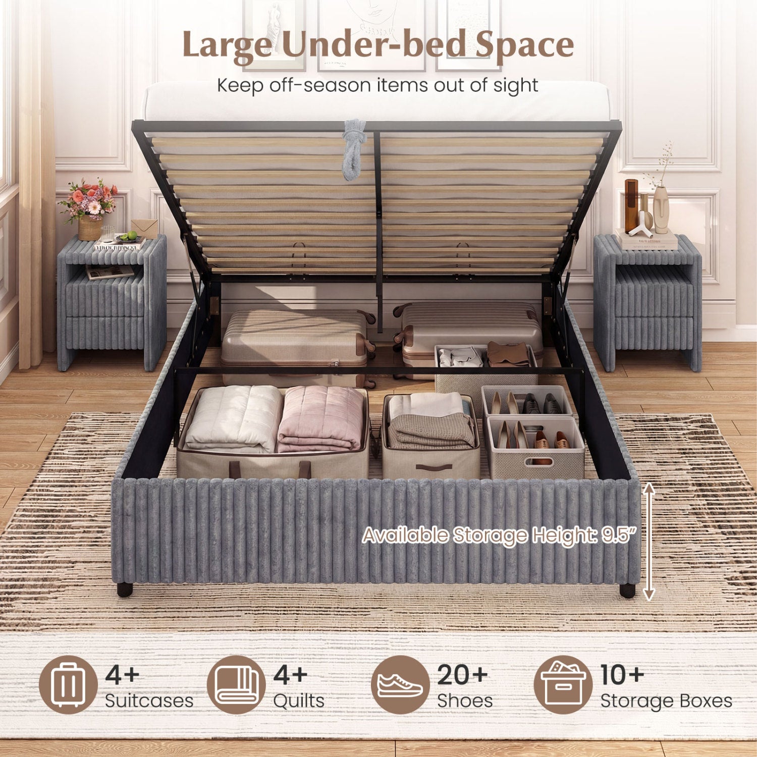Queen Size Lift-up Storage Bed with Wooden Slat Support, Gray Simple Bed Frame at Gallery Canada