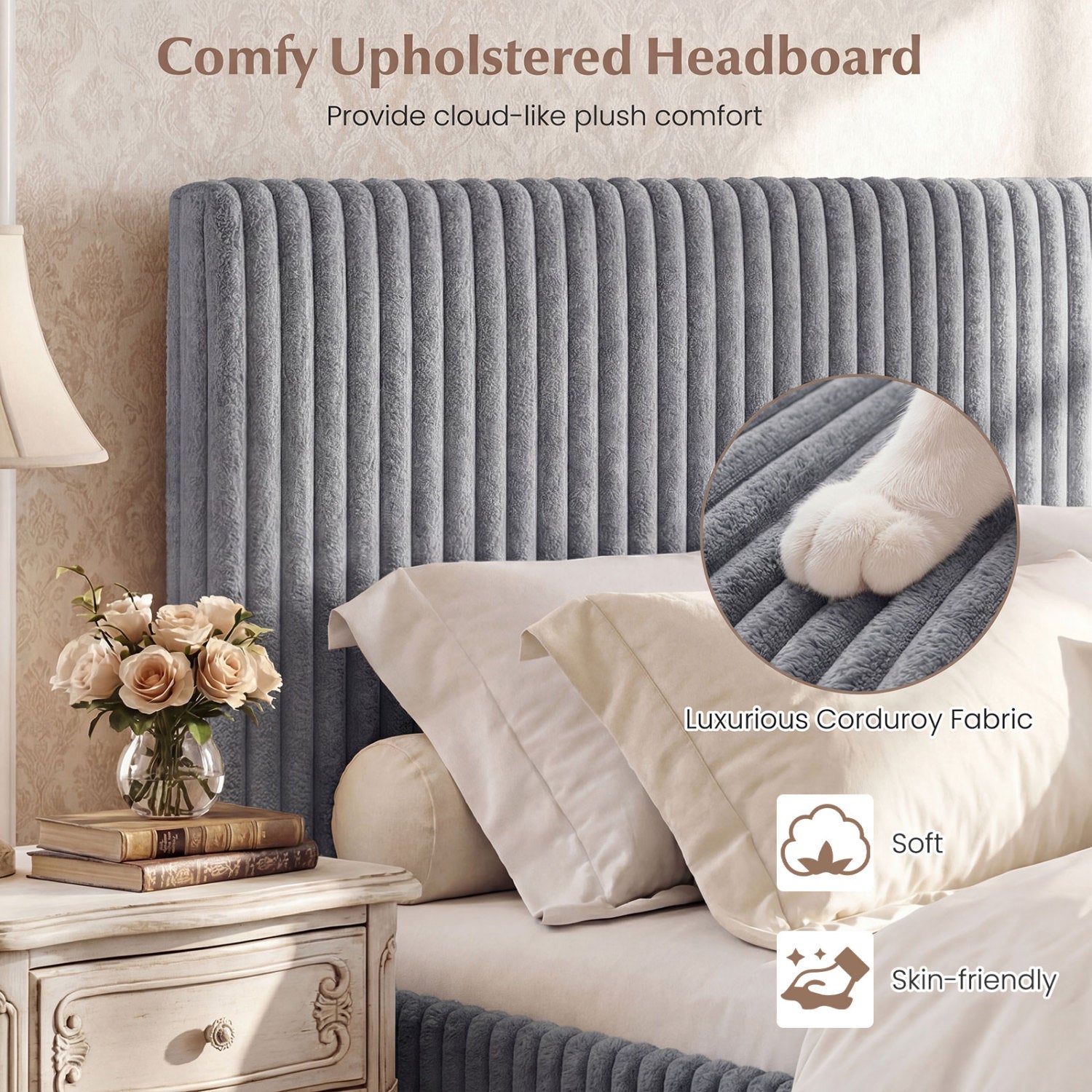 Queen Size Lift-up Storage Bed with Wooden Slat Support, Gray Simple Bed Frame at Gallery Canada