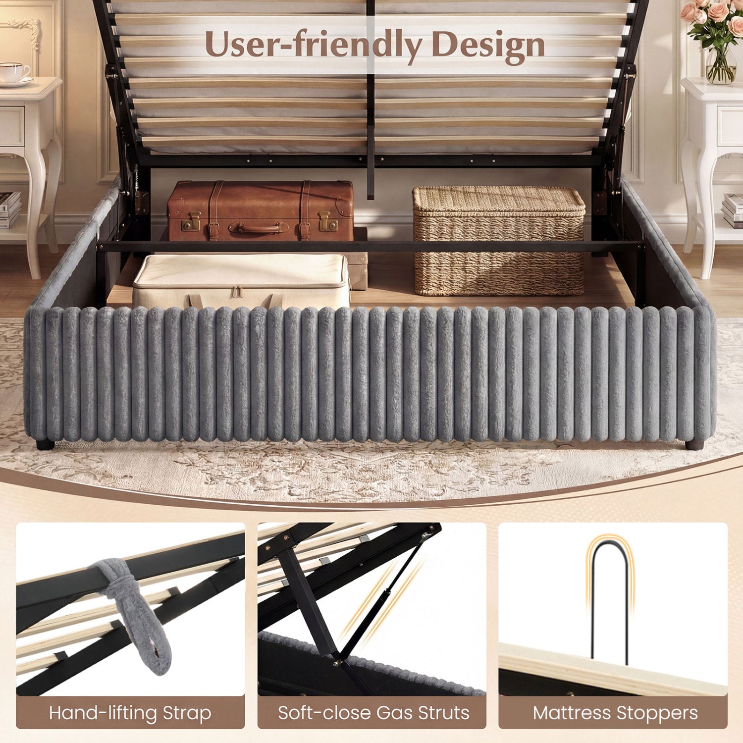 Queen Size Lift-up Storage Bed with Wooden Slat Support, Gray Simple Bed Frame at Gallery Canada