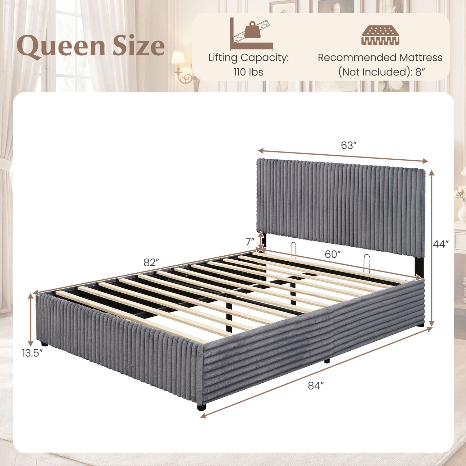 Queen Size Lift-up Storage Bed with Wooden Slat Support, Gray Simple Bed Frame at Gallery Canada