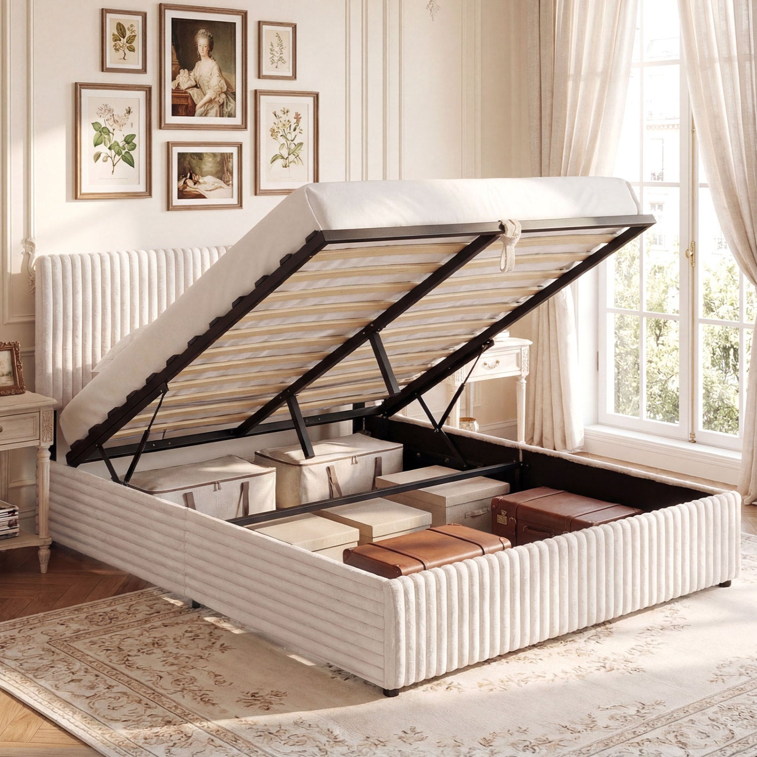 Queen Size Lift-up Storage Bed with Wooden Slat Support, Beige Simple Bed Frame at Gallery Canada