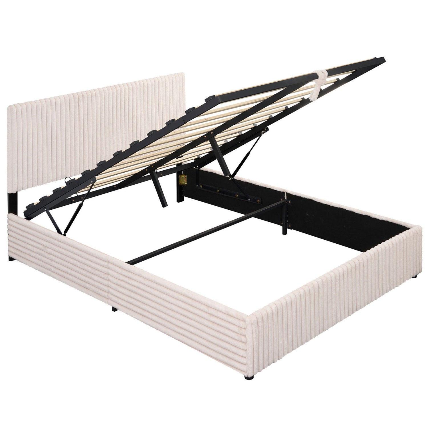 Queen Size Lift-up Storage Bed with Wooden Slat Support, Beige Simple Bed Frame at Gallery Canada