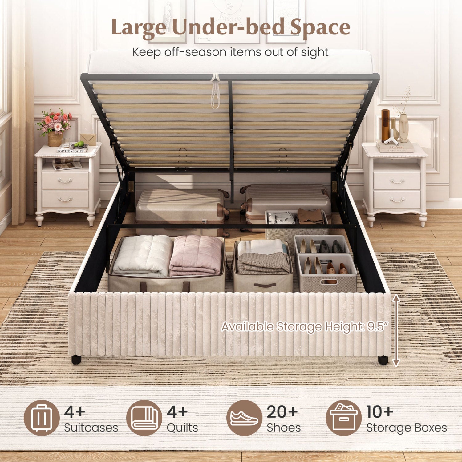 Queen Size Lift-up Storage Bed with Wooden Slat Support, Beige Simple Bed Frame at Gallery Canada