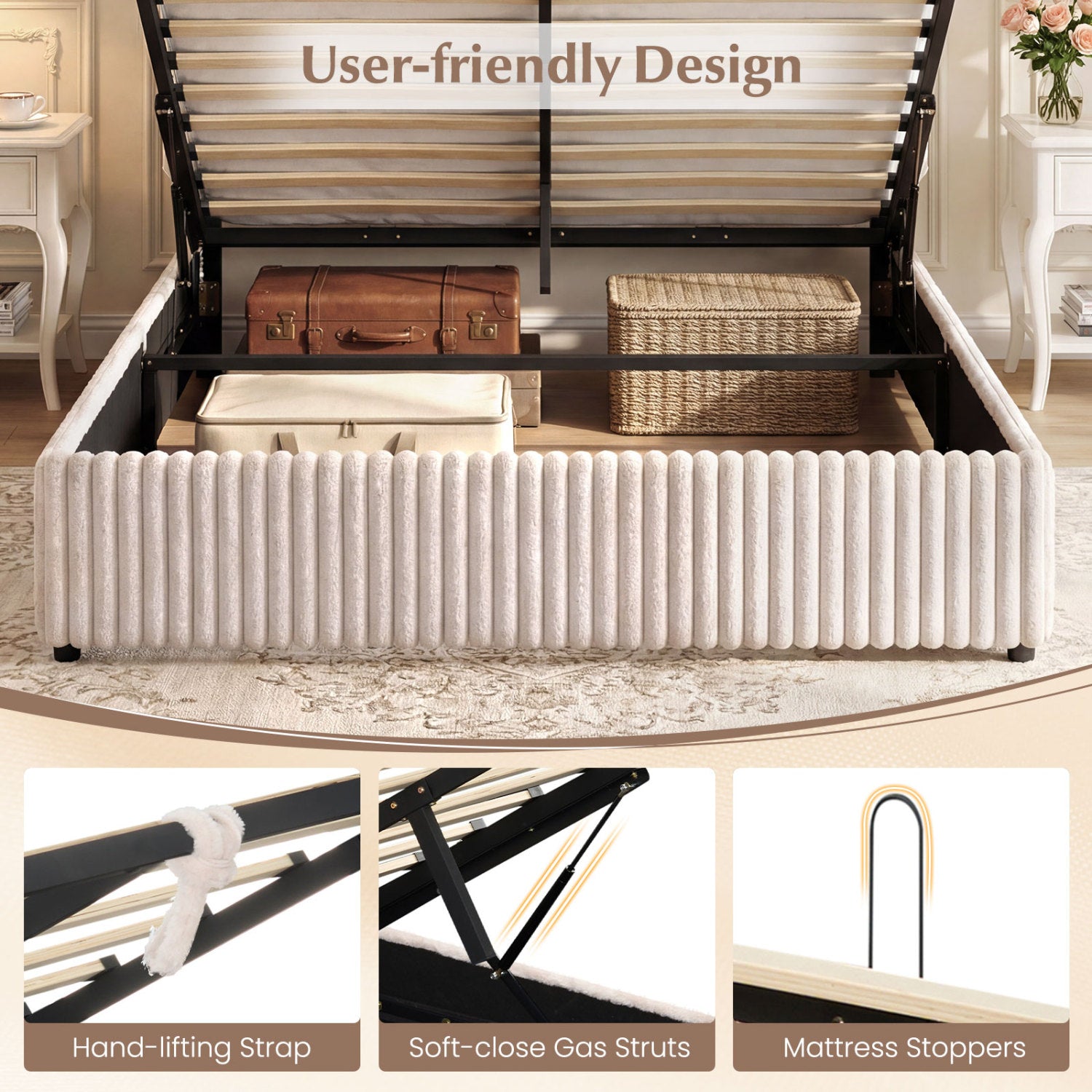Queen Size Lift-up Storage Bed with Wooden Slat Support, Beige Simple Bed Frame at Gallery Canada