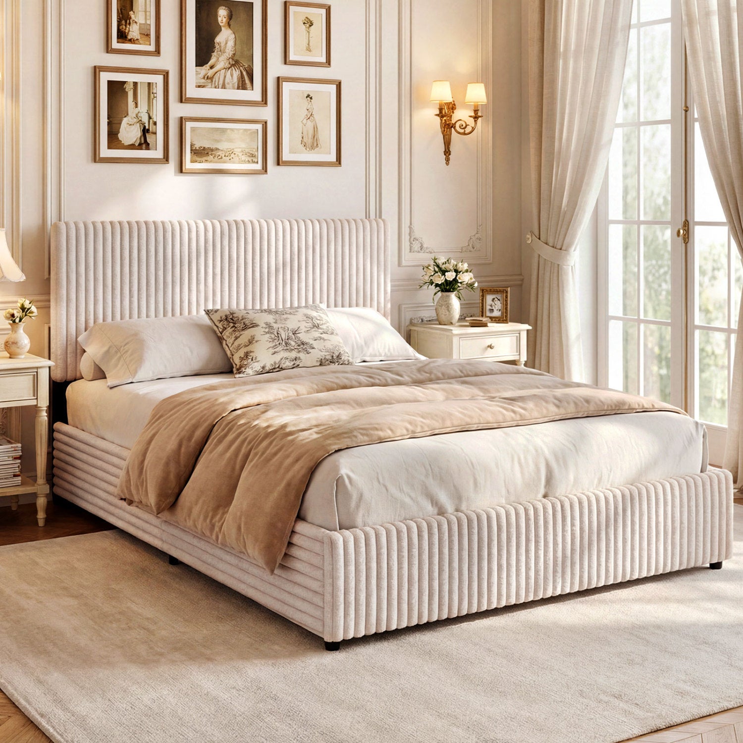 Queen Size Lift-up Storage Bed with Wooden Slat Support, Beige Simple Bed Frame at Gallery Canada